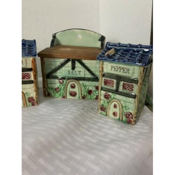 RARE Vintage Japanese ~ Green Majolica ~ Salt Box W/lid Sugar Flour pepper - Picture 4 of 12